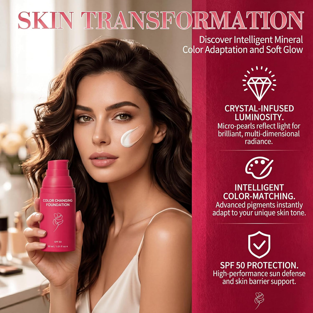 Colour Changing Foundation for Mature Skin with SPF 50 – Shade Adapting, 30ml